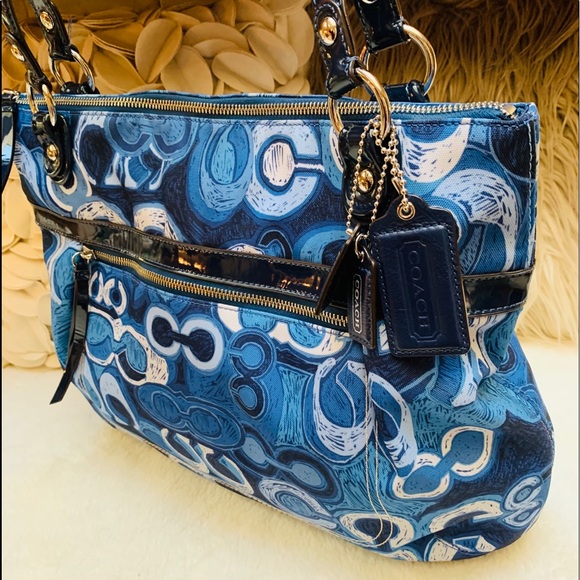 Coach Signature Logo Blue Nylon/Leather Tote - Picture 3 of 8